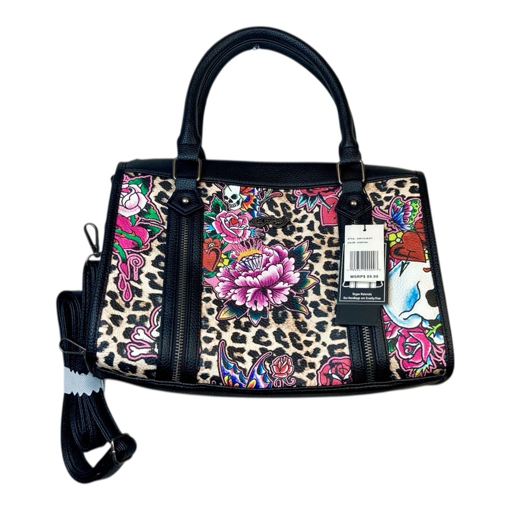 ED HARDY Cheetah Floral Skull Heart Diamond Tiger Vegan Leather Satchel Purse